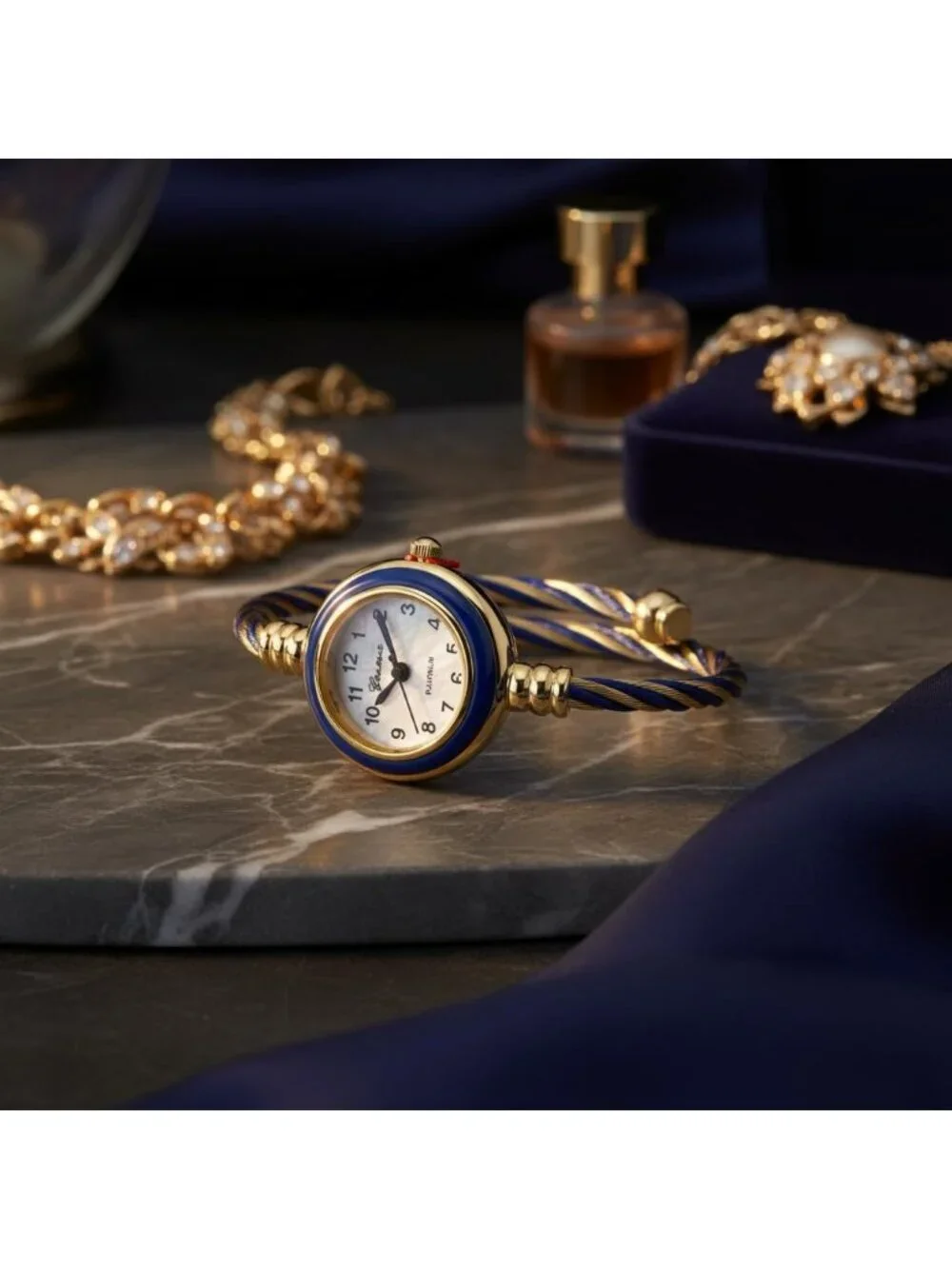 Women's Gold Blue Analog Quartz Elegant Cable Cuff Arabic Numbers Bracelet Watch